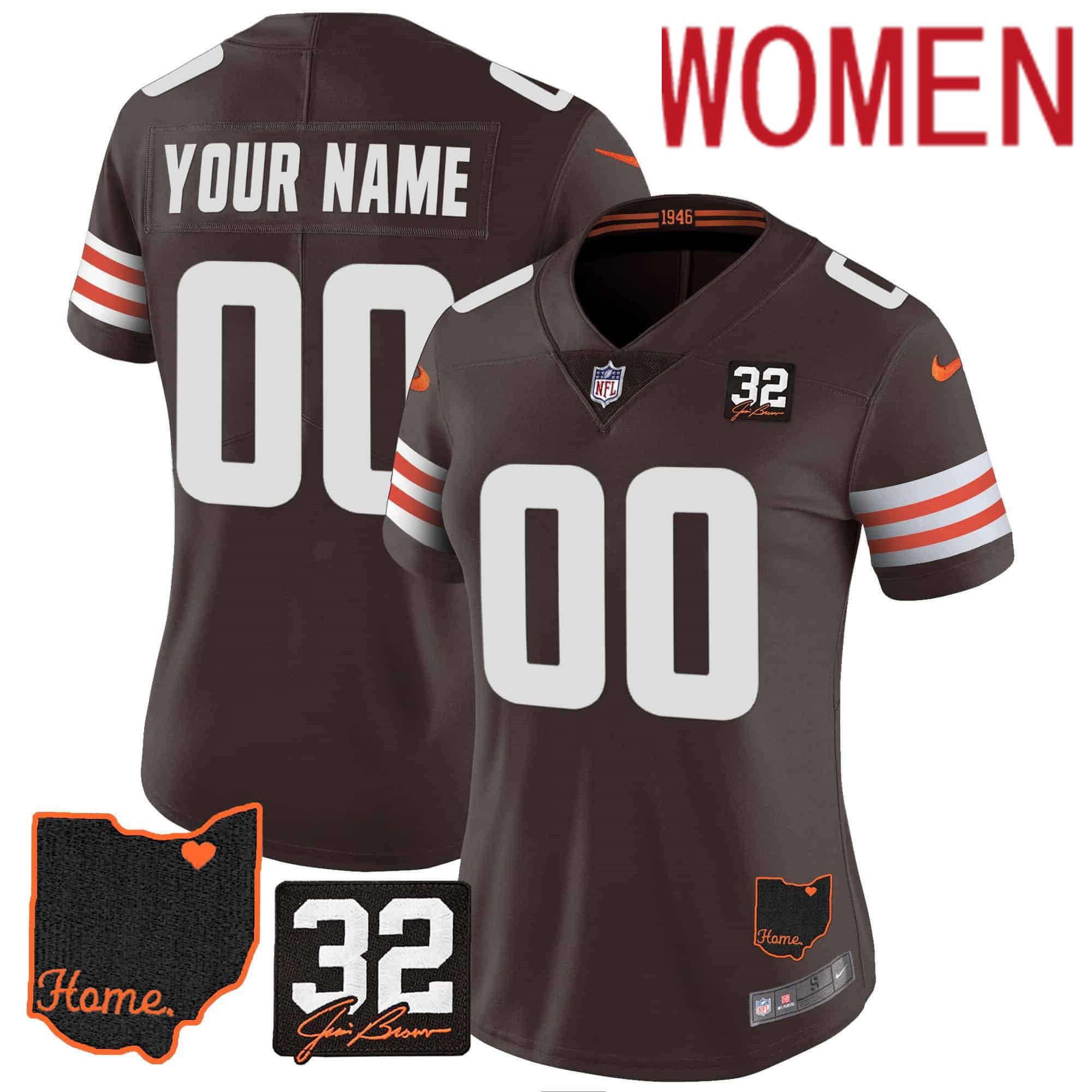 Women Cleveland Browns Brown #32 Jim Brown Memorial Home Patch Custom 2024 Nike NFL Jersey style 1